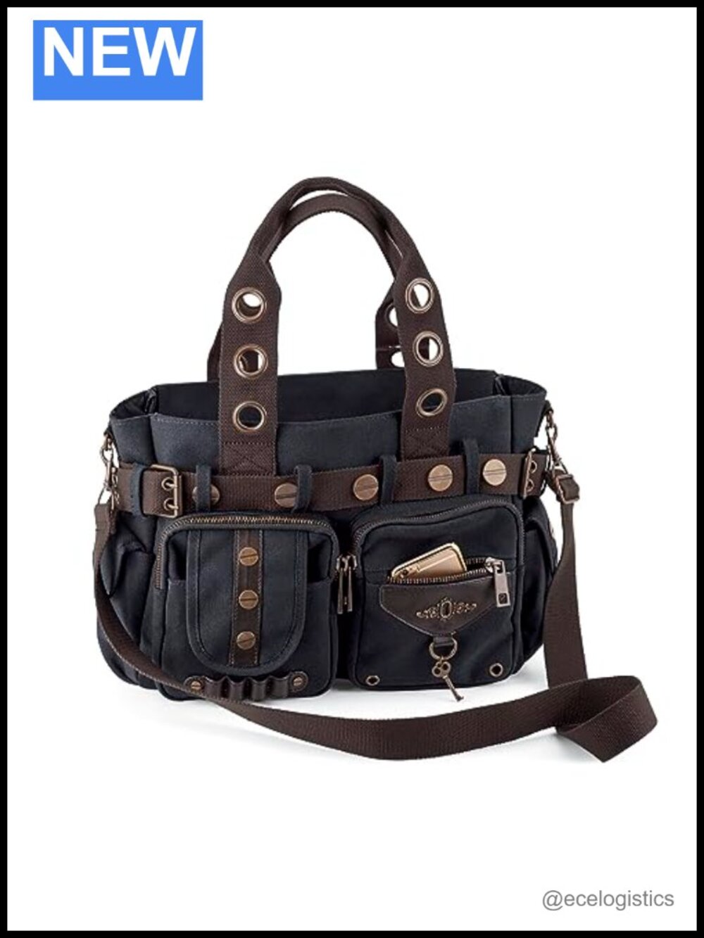 Steampunk Canvas Handbag with Rivets, Zippers, Crossbody Shoulder Purse